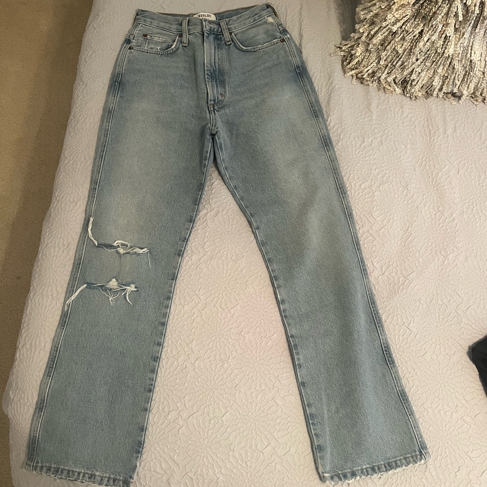 Agolde pinch waist high rise kick jean in color riptide